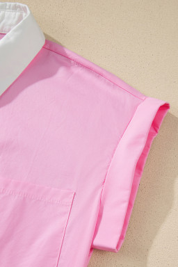 Pink Hollow-out Floral Contrast Patchwork Short Sleeve Button Up Shirt