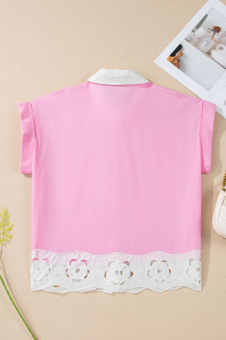 Pink Hollow-out Floral Contrast Patchwork Short Sleeve Button Up Shirt