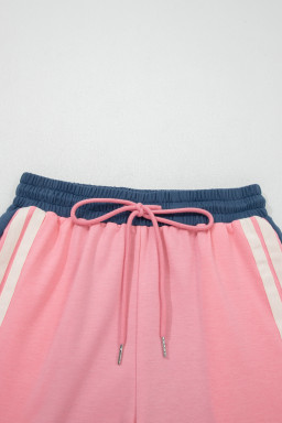 Pink Color Block Patchwork Varsity Striped Detail Drawstring Elastic Waist Shorts