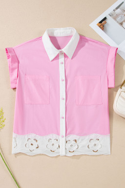 Pink Hollow-out Floral Contrast Patchwork Short Sleeve Button Up Shirt