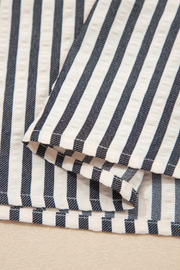 Black Stripe Polo Collar Half Zip Short Puff Sleeve Blouse