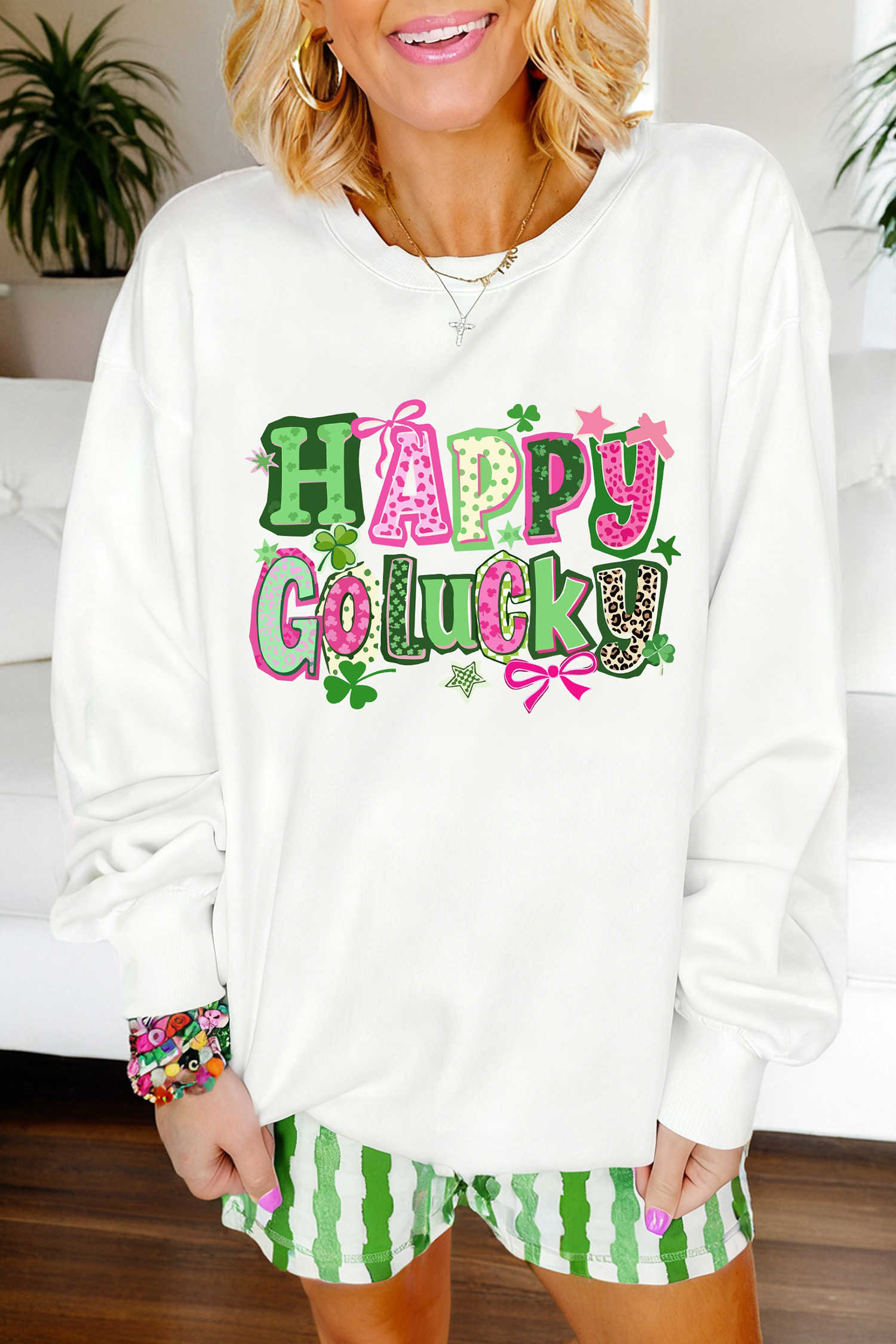 White HAPPY GO LUCKY Playful Letter Print Sweatshirt