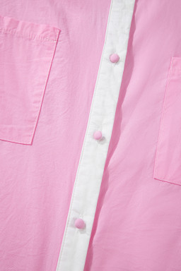 Pink Hollow-out Floral Contrast Patchwork Short Sleeve Button Up Shirt