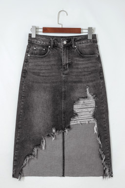 Dark Grey Irregular Distressed Bottom Denim Midi Skirt