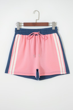 Pink Color Block Patchwork Varsity Striped Detail Drawstring Elastic Waist Shorts