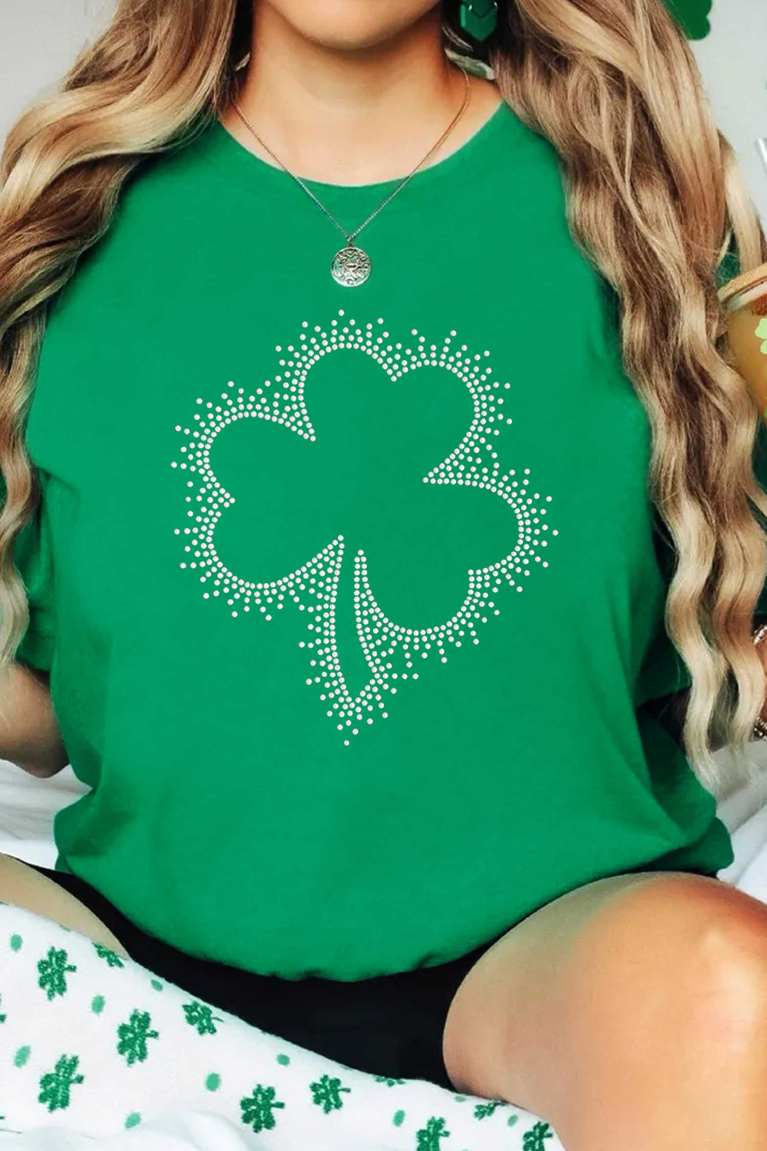 Bright Green St Patricks Day Crystal Rhinestone Shamrock Tee