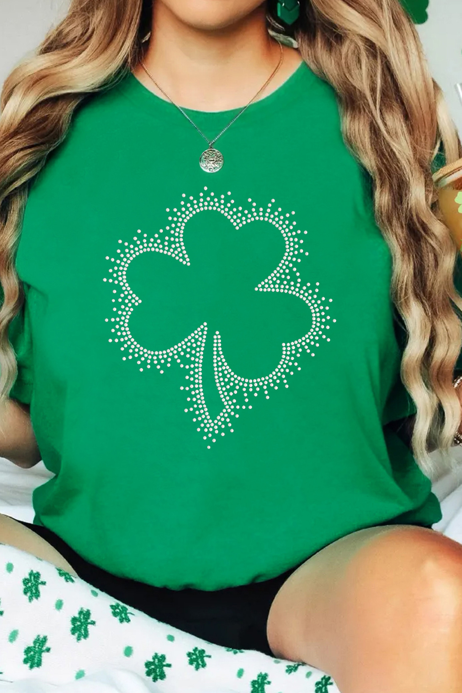 Bright Green St Patricks Day Crystal Rhinestone Shamrock Tee