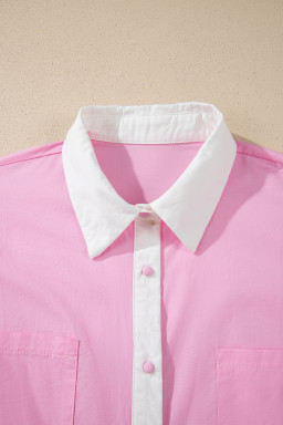 Pink Hollow-out Floral Contrast Patchwork Short Sleeve Button Up Shirt