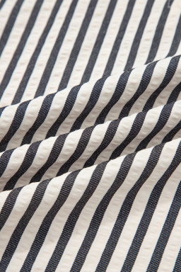 Black Stripe Polo Collar Half Zip Short Puff Sleeve Blouse