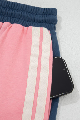 Pink Color Block Patchwork Varsity Striped Detail Drawstring Elastic Waist Shorts