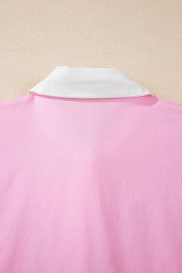 Pink Hollow-out Floral Contrast Patchwork Short Sleeve Button Up Shirt