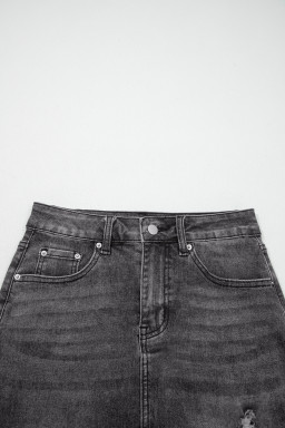 Dark Grey Irregular Distressed Bottom Denim Midi Skirt