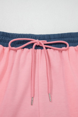 Pink Color Block Patchwork Varsity Striped Detail Drawstring Elastic Waist Shorts