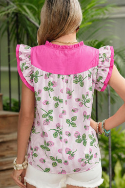 Pink Striped Strawberry Printed Color Block Patchwork V Neck Flutter Sleeve Blouse