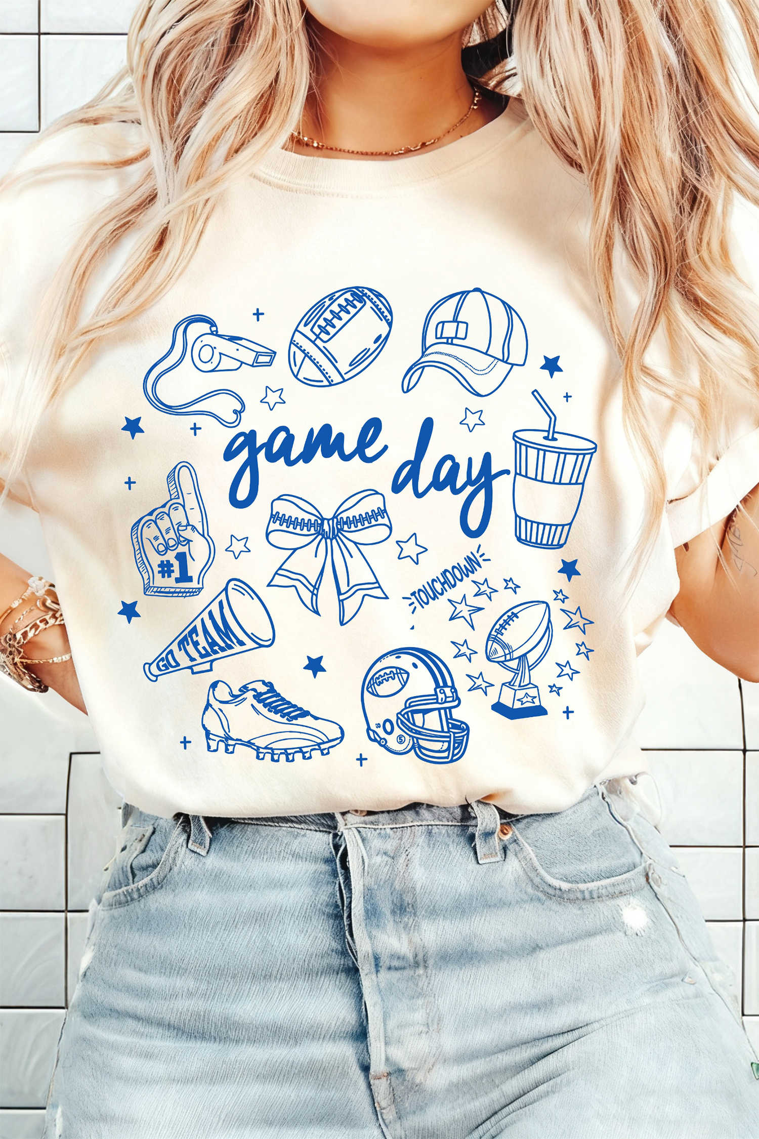 White Game Day Doodle Printed T Shirt
