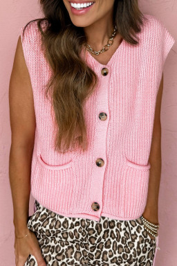 Pink Solid Color Knit V Neck Button Front Sweater Vest