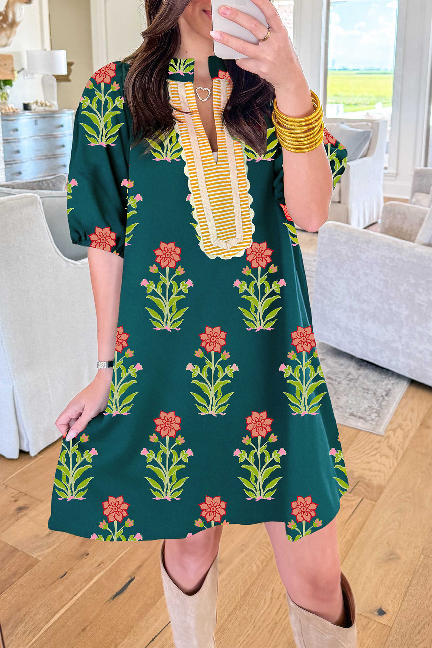 Green Floral Print Contrast Trim Striped Patchwork Short Sleeve Dress