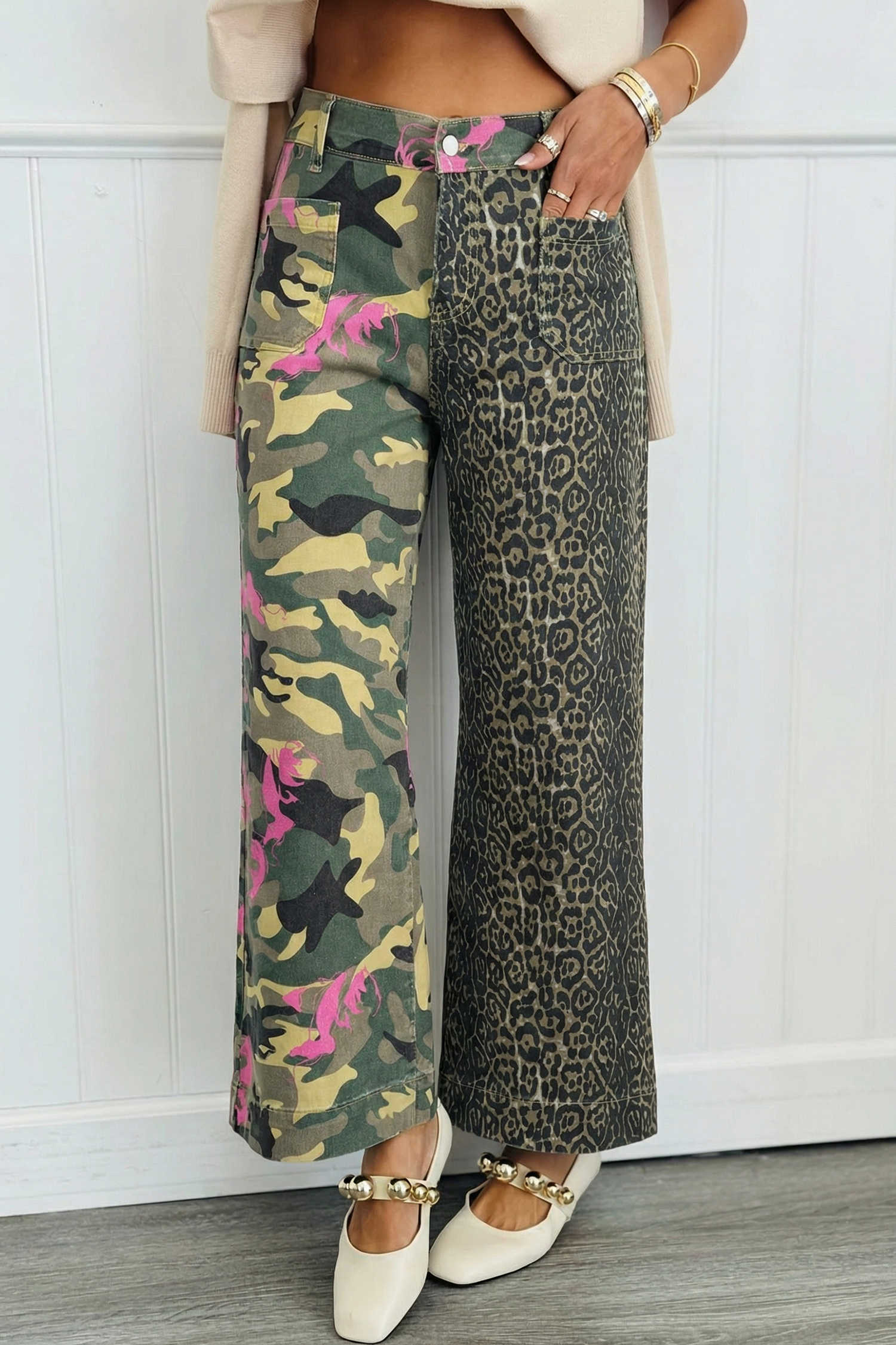 Multicolour Abstract Camouflage Print Contrast Leopard Patchwork Straight Leg Jeans