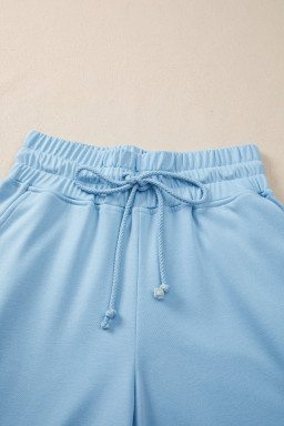 Mist Blue Solid Color Loose Tee Drawstring Wide Leg Pants 2pcs Outfit