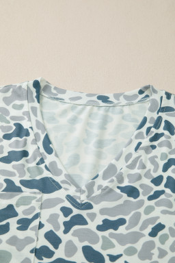 Gray Camouflage Print Single Chest Pocket V Neck Tee