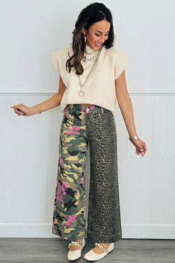 Multicolour Abstract Camouflage Print Contrast Leopard Patchwork Straight Leg Jeans