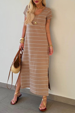 Khaki Stripe Casual Short Sleeve Side Slit Maxi T Shirt Dress