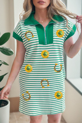 Green Stripe Sequin Clover Coin Horseshoe St Patricks Polo Tee Dress