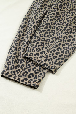 Khaki Leopard Print Drawstring Elastic Waist Loose Denim Pants with Pockets