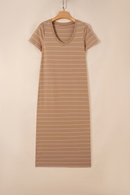 Khaki Stripe Casual Short Sleeve Side Slit Maxi T Shirt Dress