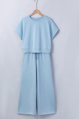 Mist Blue Solid Color Loose Tee Drawstring Wide Leg Pants 2pcs Outfit