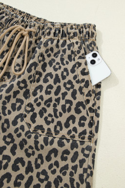 Khaki Leopard Print Drawstring Elastic Waist Loose Denim Pants with Pockets