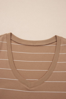 Khaki Stripe Casual Short Sleeve Side Slit Maxi T Shirt Dress