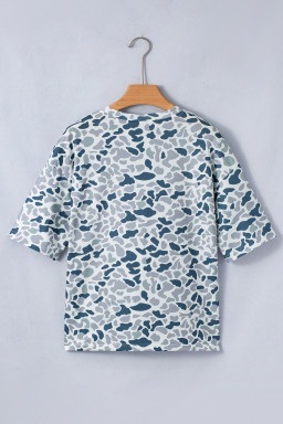 Gray Camouflage Print Single Chest Pocket V Neck Tee