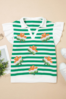 Green Stripe St Patricks Day Sequin Vibrant Clover Patched Flutter Sleeve Top