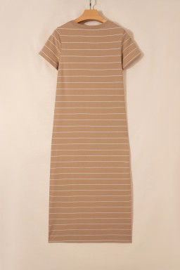 Khaki Stripe Casual Short Sleeve Side Slit Maxi T Shirt Dress