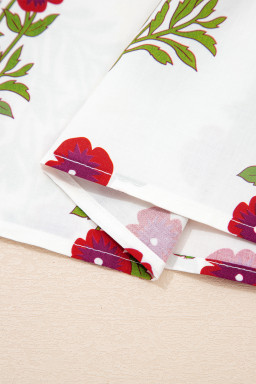 White Floral Short Bubble Sleeve Contrast Slit Neckline Blouse