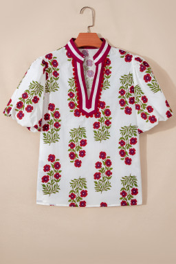 White Floral Short Bubble Sleeve Contrast Slit Neckline Blouse