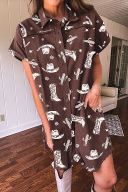 Brown Cowgirl Hats Boots Cactus Print Raw Edge Button Down Short Denim Dress