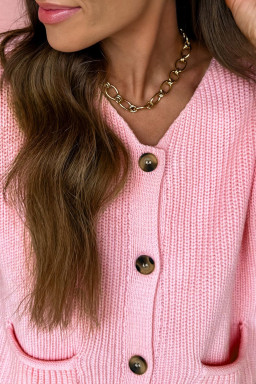 Pink Solid Color Knit V Neck Button Front Sweater Vest