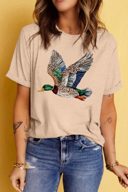 Khaki Flying Mallard Print Crew Neck T Shirt