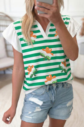 Green Stripe St Patricks Day Sequin Vibrant Clover Patched Flutter Sleeve Top