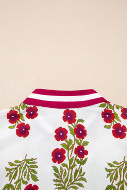 White Floral Short Bubble Sleeve Contrast Slit Neckline Blouse