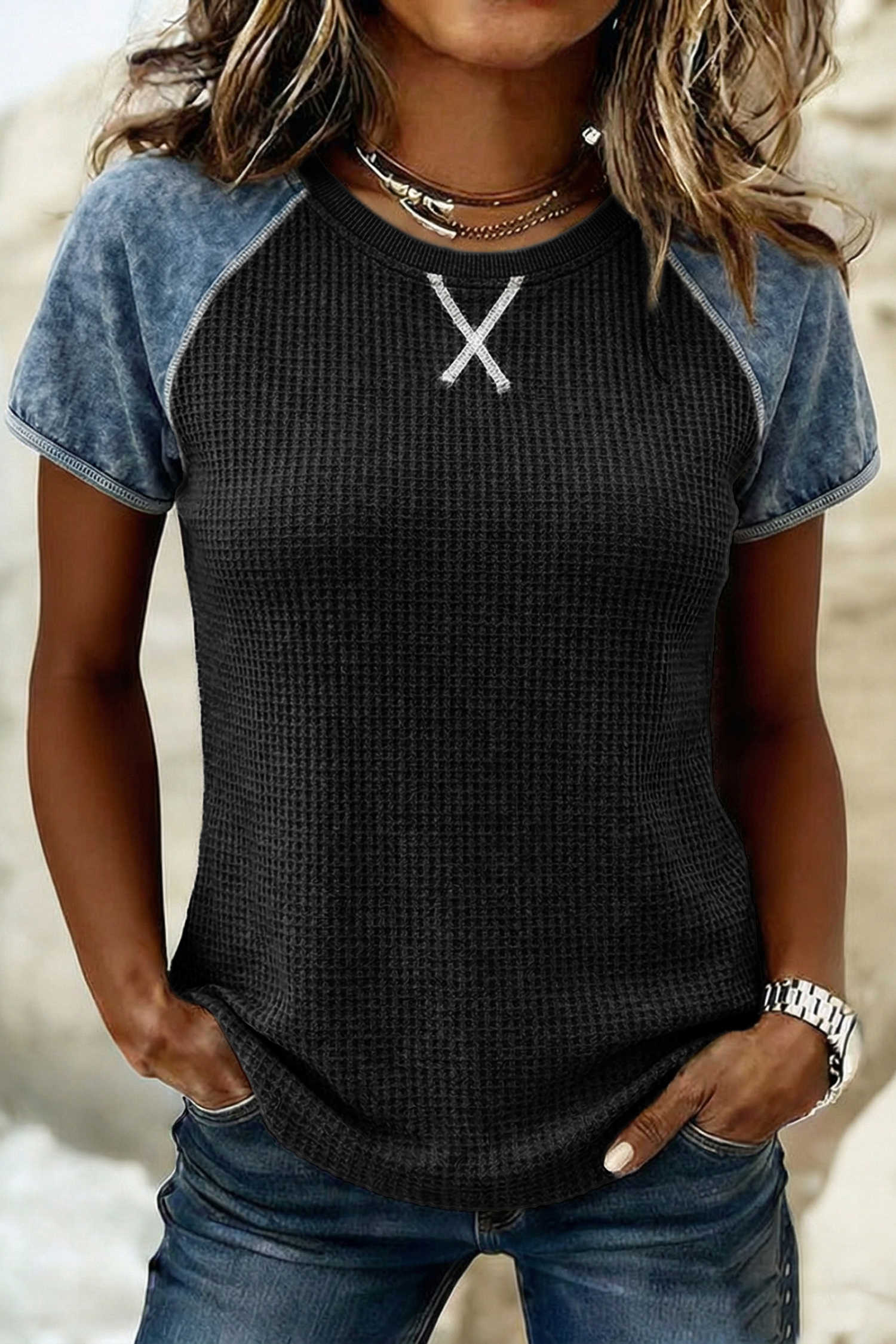 Carbon Grey Waffle Knit Seam Detail Color Block Patchwork Short Sleeve Top