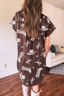 Brown Cowgirl Hats Boots Cactus Print Raw Edge Button Down Short Denim Dress