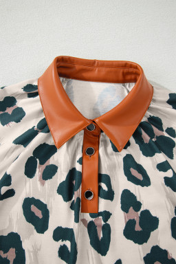 Casual Unique Leopard Print Button Contrast Collared Short Sleeve Blouse