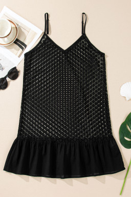Black See Through Patterned Knit Ruffle Hem Patchwork Beach Cover Up