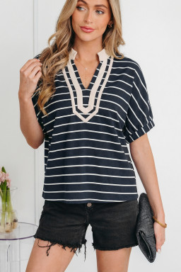 Black Stripe Stand Collar V Neck Elastic Cuffs Half Sleeve Dolman Top
