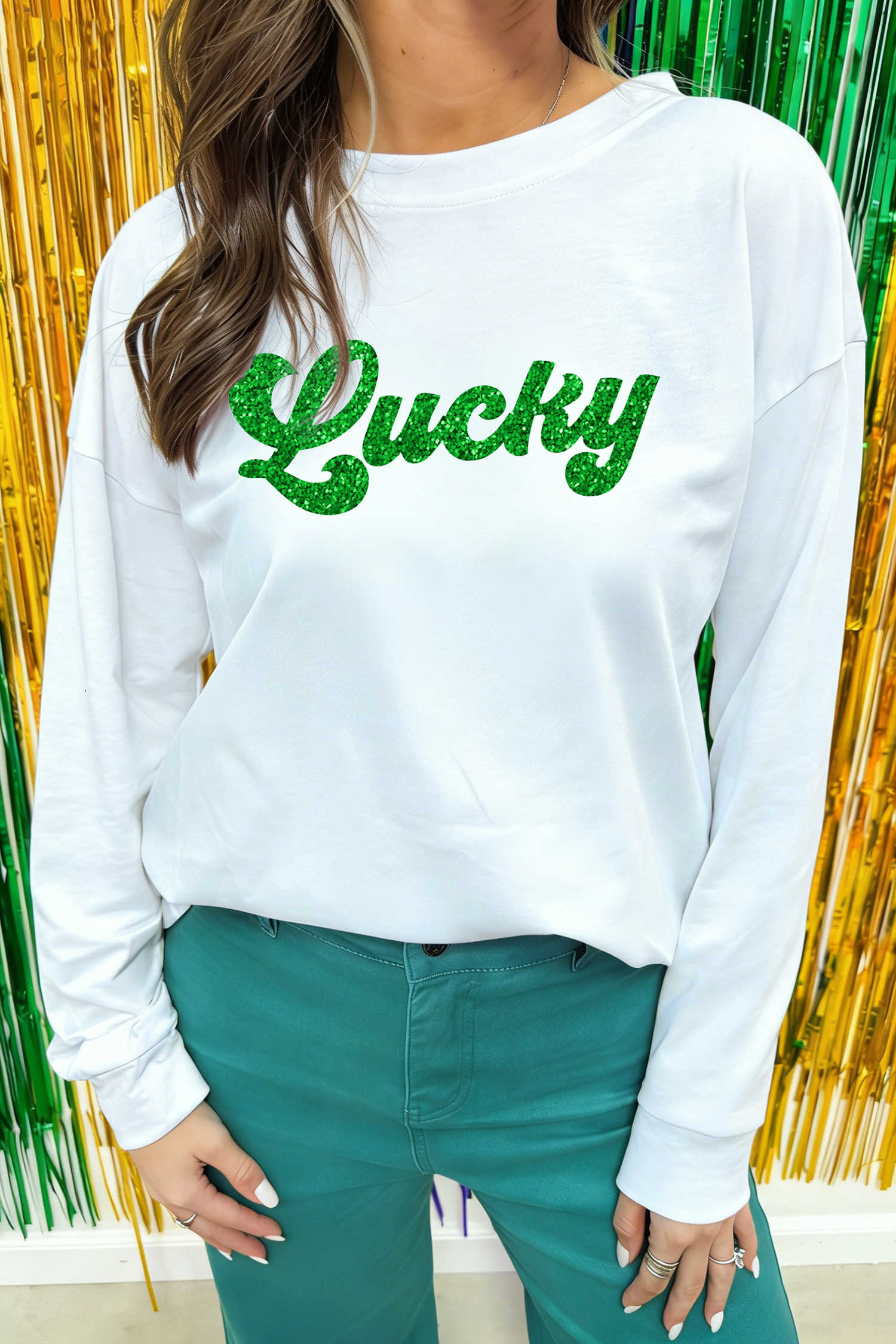 White Lucky Heat Transfer Printed Long Sleeve Top