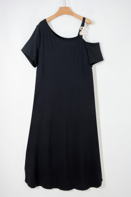 Black Asymmetric Shoulder Detail Short Sleeve Plus Size Maxi Dress