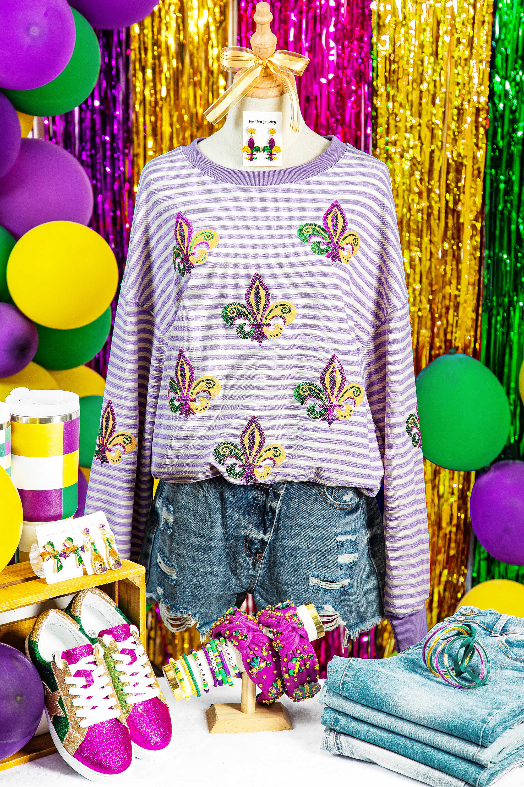 Purple Stripe Lettuce Color Block Patchwork Sequin Fleur De Lis Mardi Gras Long Sleeve Top